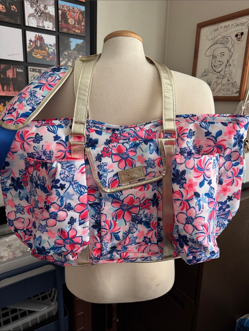 Lilly Pulitzer Floral Tote/beach bagin Pink, Blue & White with Gold Straps